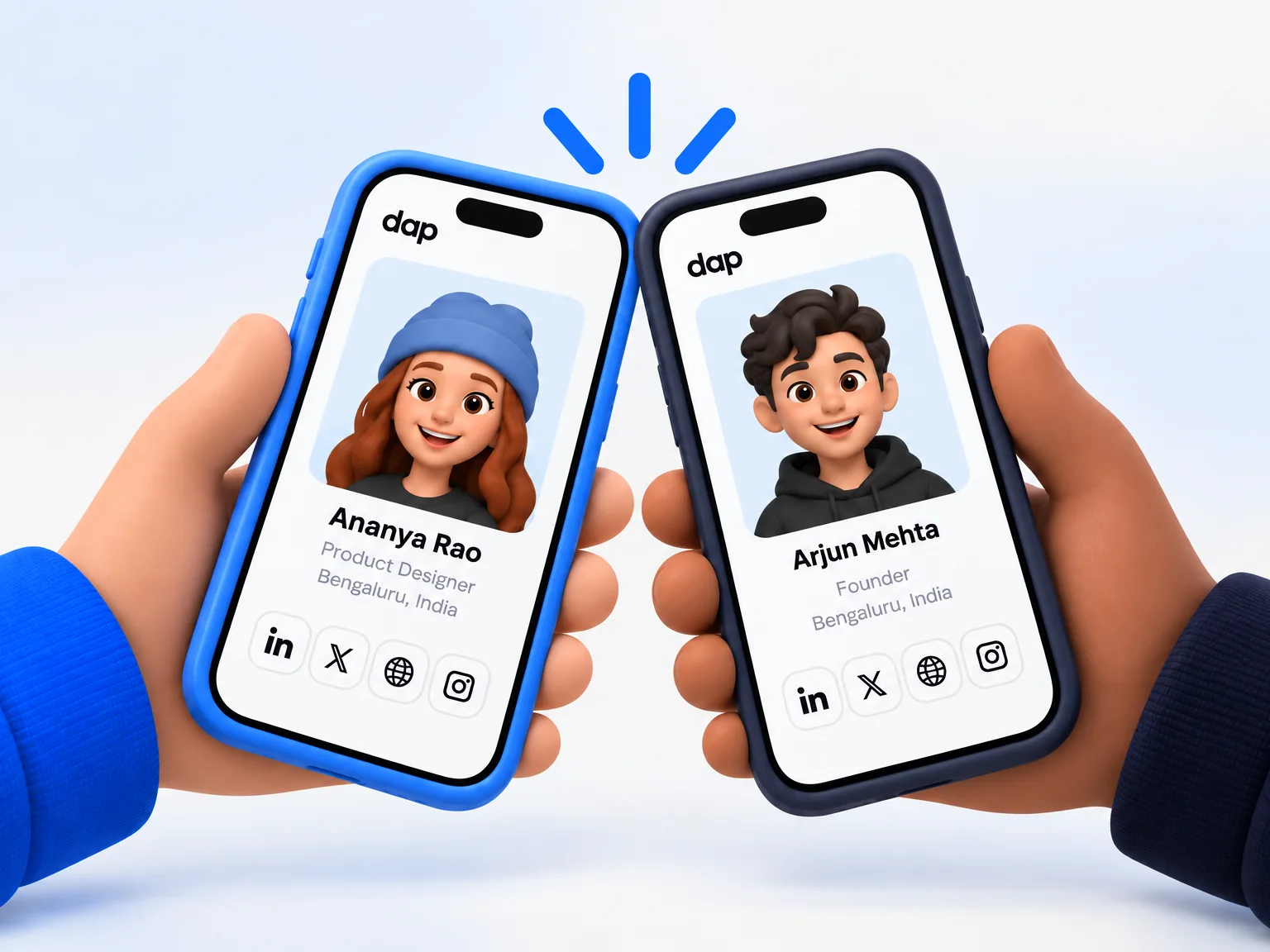 Two phones touching at the top, each showing a Dap profile.