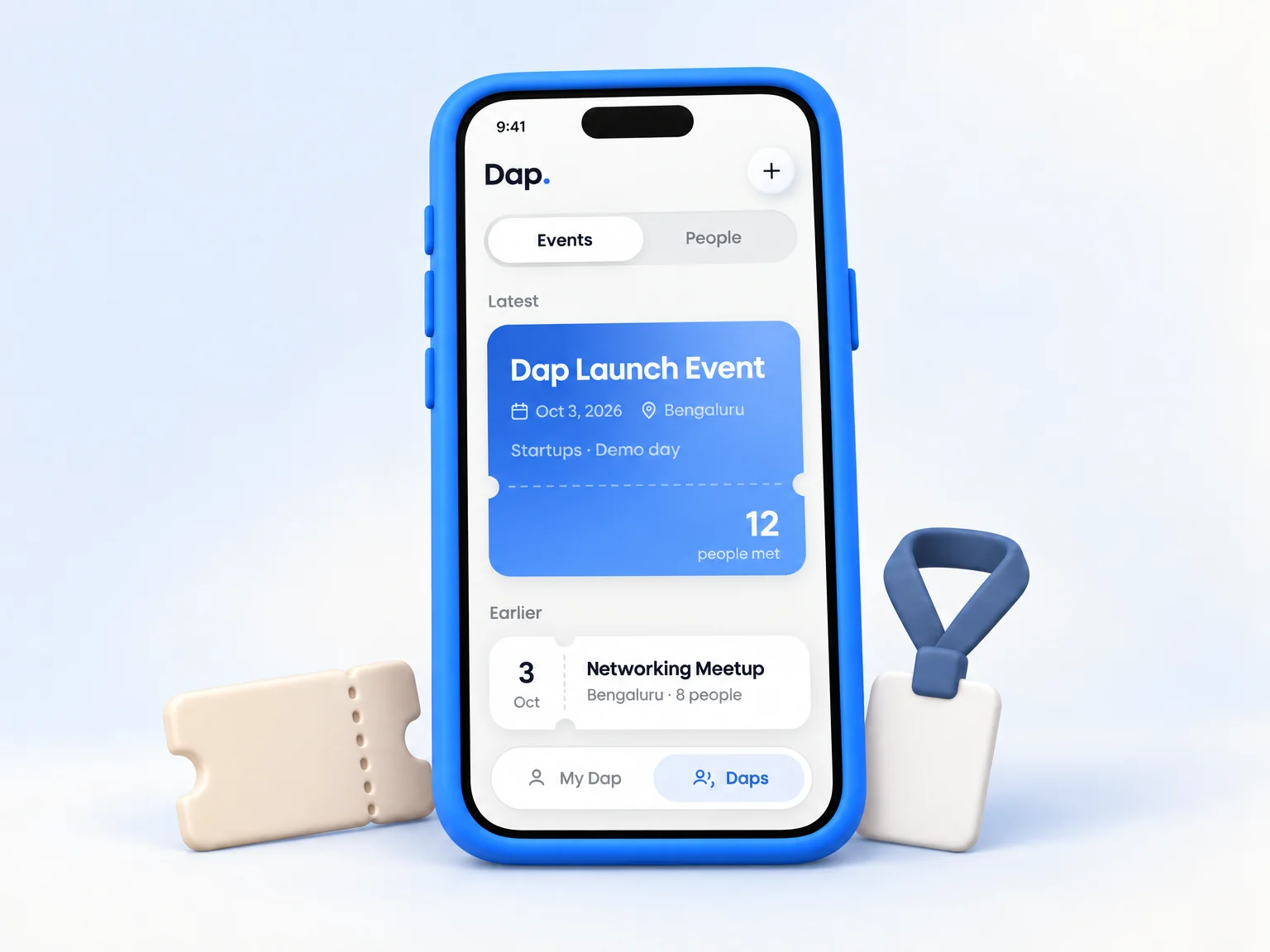 A phone showing the Dap events screen, with the Dap Launch Event and 12 people met.